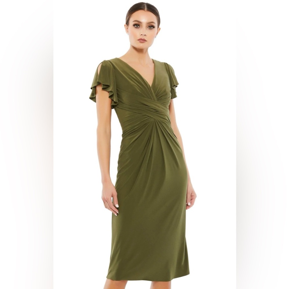 Mac Duggal Olive Green Ruched Midi Dress Surplice Flutter‎ Sleeve Sexy NWT 2 - Picture 13 of 15